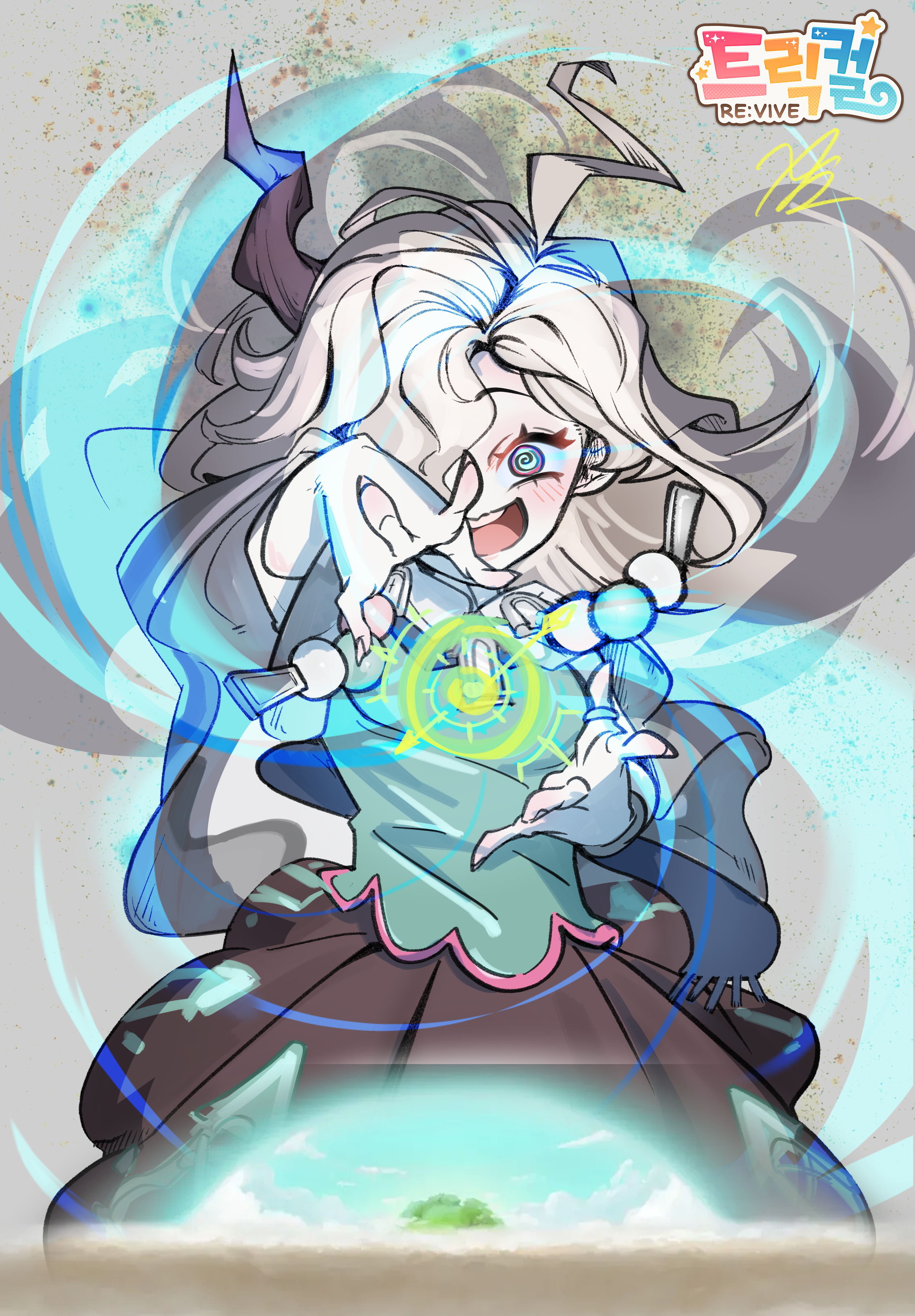 trickcal, absurdres, commentary request, highres, korean commentary, 1girl, @ @, ahoge, blush, brown skirt, capelet, casting spell, copyright name, crazy smile, feet out of frame, fewer digits, floating hair, g.b (gimtaeg8089170), green eyes, green shirt, grey background, hair over one eye, horns, long hair, looking at viewer, magic, makasha (trickcal), open mouth, shirt, single horn, skirt, smile, solo, standing, white hair, wind