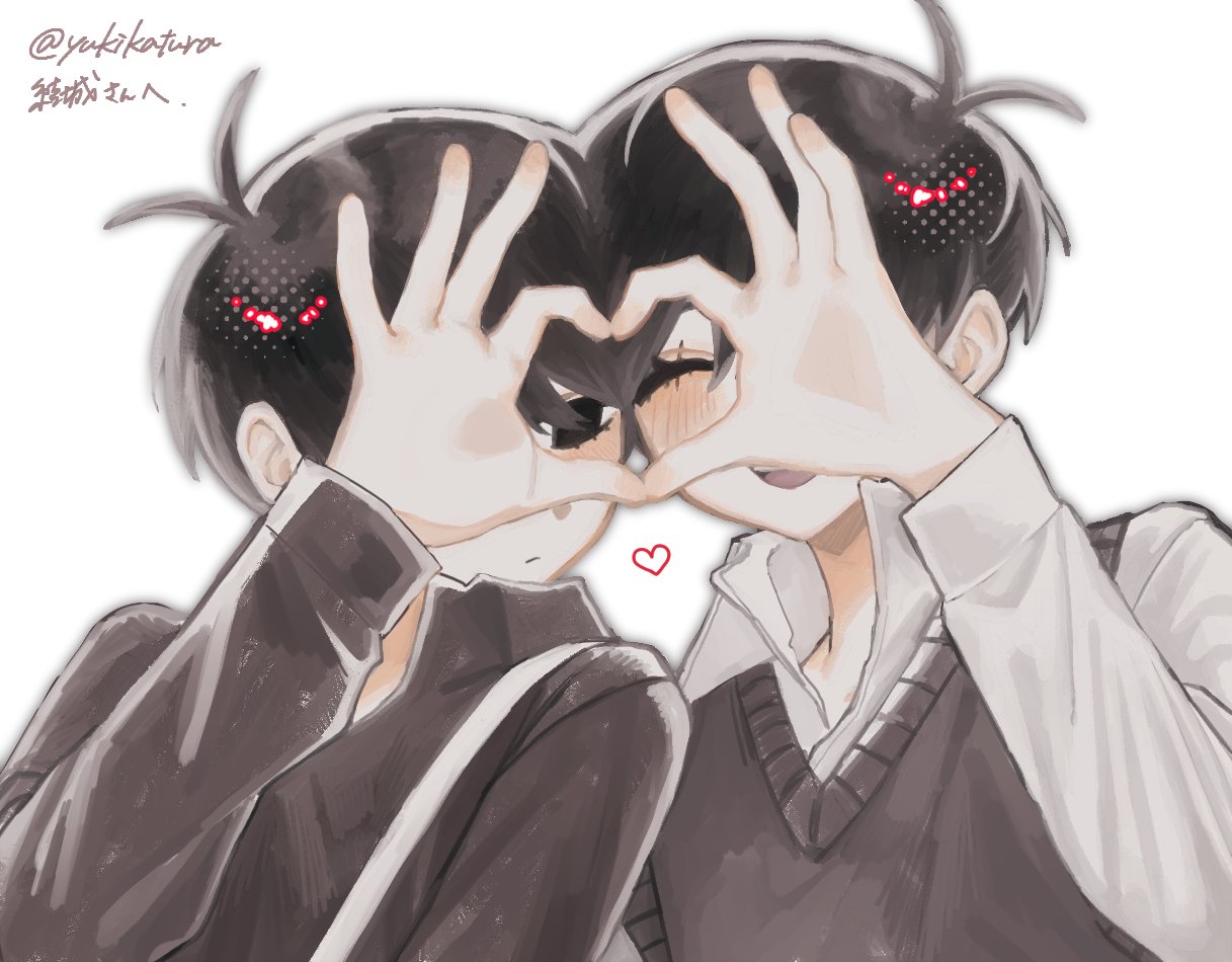 rou (h s sinrin), omori (omori), sunny (omori), omori, commentary, english commentary, 2boys, :d, ^ ^, alternate costume, alternate sleeve length, antenna hair, black eyes, black hair, black shirt, black sweater vest, blush, cheek-to-cheek, closed eyes, closed mouth, collared shirt, dual persona, empty eyes, hair between eyes, halftone, hand up, hands up, heads together, heart, heart hands, heart hands duo, long sleeves, male focus, multiple boys, no pupils, open mouth, pale skin, puffy long sleeves, puffy sleeves, shirt, short hair, simple background, smile, suspenders, sweater vest, teeth, tongue, upper body, upper teeth only, very short hair, white background, white shirt