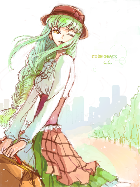 magukappu, rahit, c.c., code geass, 00s, 1girl, bag, braid, copyright name, dress, female focus, green hair, hat, lens flare, long hair, one eye closed, outdoors, smile, snowing, solo, tegaki, v arms, wink, yellow eyes