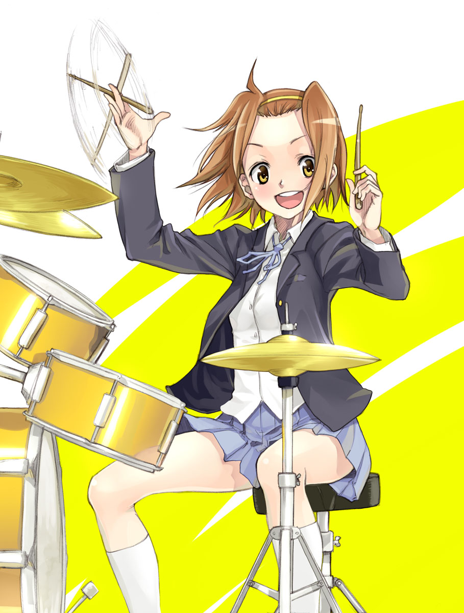 satou atsuki, tainaka ritsu, k-on!, highres, 00s, 1girl, brown hair, cymbals, drum, drum set, drumsticks, female focus, hairband, instrument, open mouth, round teeth, school uniform, short hair, sitting, smile, socks, solo, teeth, tomboy, yellow eyes