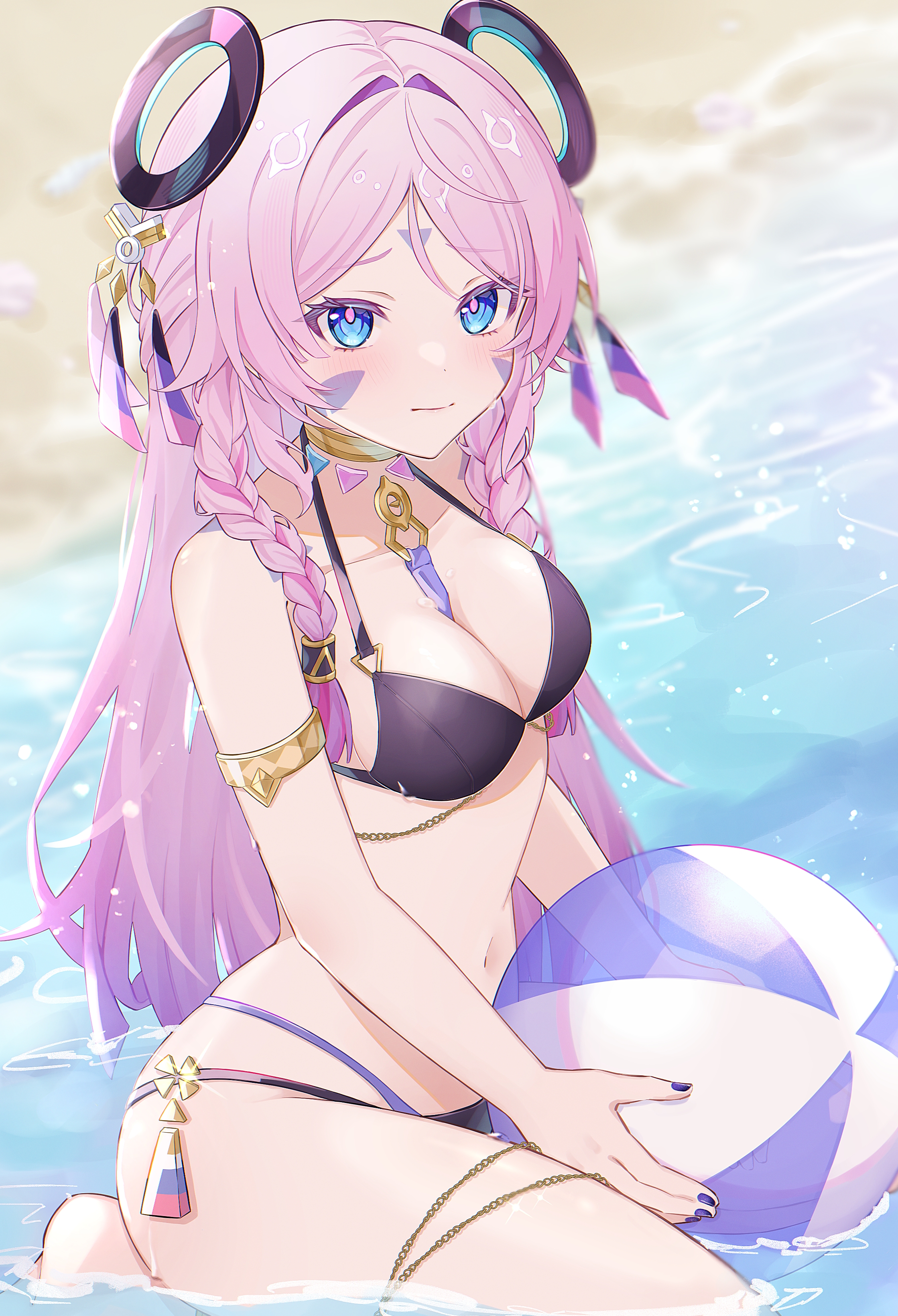 nya inuha, citlali (genshin impact), genshin impact, absurdres, commentary, highres, 1girl, ball, bare shoulders, beach, beachball, bikini, black bikini, blue eyes, blush, braid, breasts, cleavage, closed mouth, collarbone, facial mark, floating headgear, forehead mark, headgear, holding, holding ball, holding beachball, long hair, looking at viewer, medium breasts, navel, o-ring, outdoors, pink hair, pink pupils, sitting, solo, stomach, swimsuit, triangle, triangle facial mark, twin braids, underwear, very long hair, water