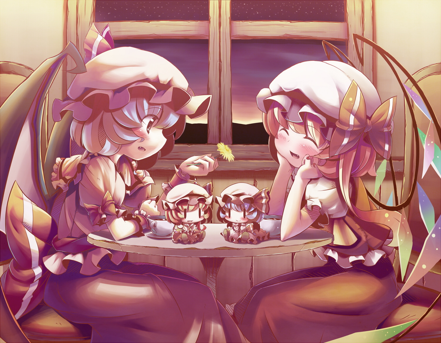 takahero, flandre scarlet, remilia scarlet, touhou, 2girls, bat wings, blonde hair, blue hair, blush, character doll, chibi, closed eyes, doll, fang, female focus, flower, hat, multiple girls, red eyes, ribbon, short hair, siblings, sisters, wings, | |