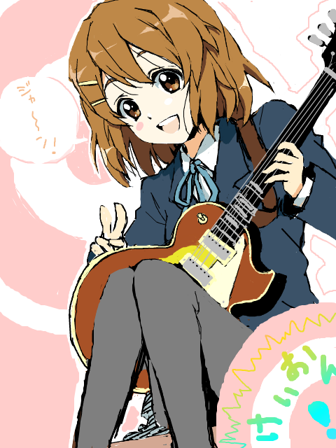 magukappu, rahit, hirasawa yui, k-on!, bad id, bad pixiv id, 00s, 1girl, brown hair, electric guitar, female focus, gibson les paul, guitar, instrument, open mouth, pantyhose, round teeth, school uniform, short hair, smile, solo, teeth, tegaki, v
