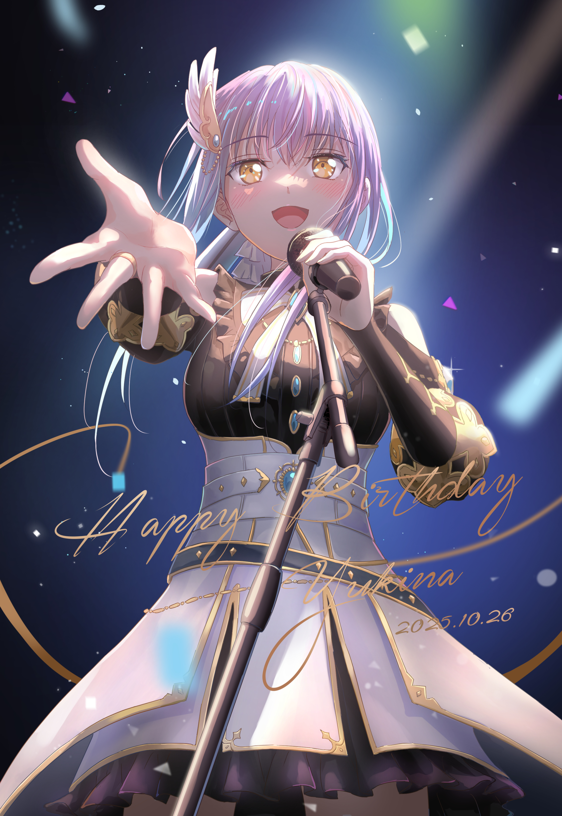 shih lion, minato yukina, bang dream!, absurdres, highres, 1girl, black dress, breasts, dress, feet out of frame, gem, grey hair, hair ornament, happy birthday, indoors, jewelry, long hair, looking at viewer, medium breasts, microphone, open mouth, ring, skirt, standing, white skirt, yellow eyes