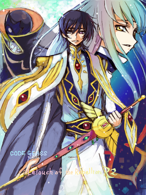 magukappu, rahit, c.c., kururugi suzaku, lelouch vi britannia, zero (code geass), code geass, 00s, 1girl, 2boys, black hair, copyright name, green hair, long hair, multiple boys, purple eyes, sword, tegaki, weapon, yellow eyes