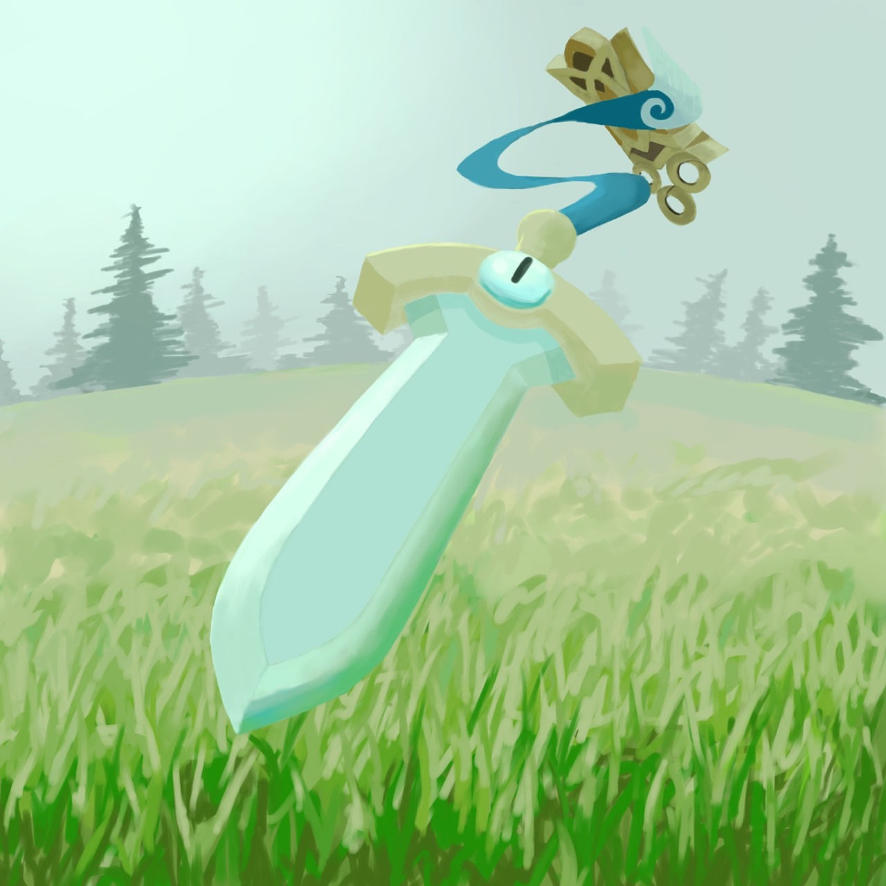 tori chiritsu, honedge, nintendo, pokemon, commentary request, highres, animate object, floating, full body, gen 6 pokemon, grass, holding, holding sheath, no humans, one-eyed, outdoors, pokemon (creature), pokemon focus, sheath, sky, slit pupils, solo, sword, tree, weapon