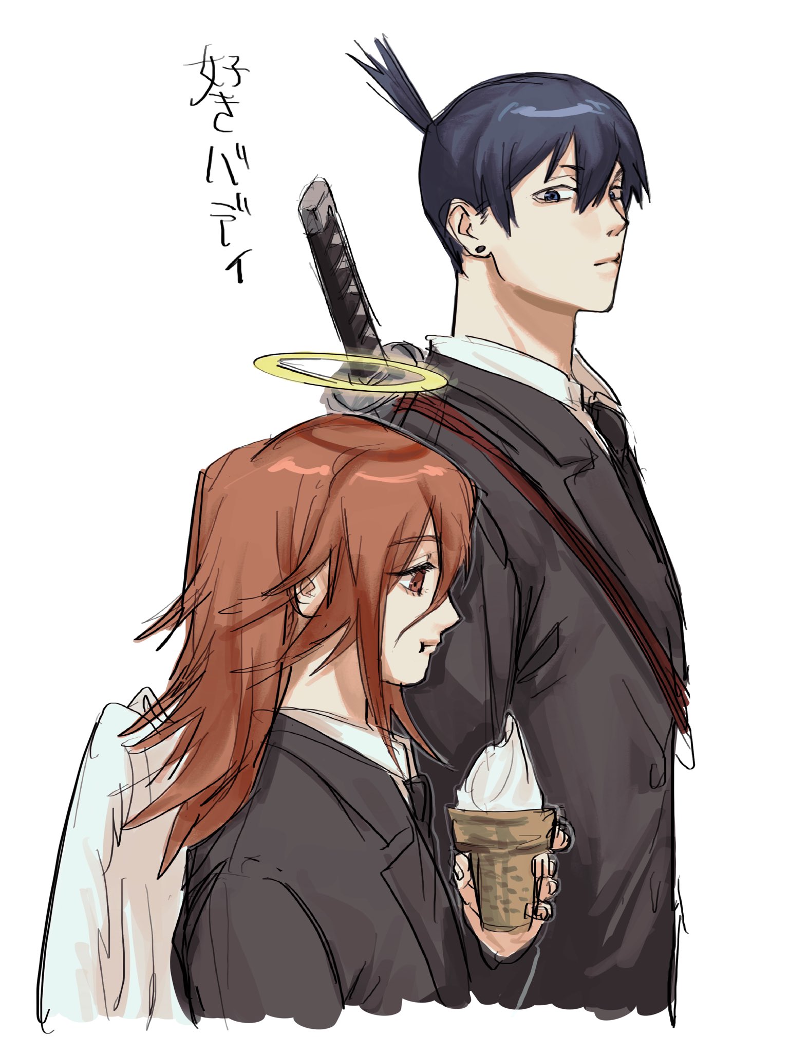 rfb 345orororo, angel devil (chainsaw man), hayakawa aki, chainsaw man, highres, 2boys, androgynous, angel wings, black hair, black jacket, black necktie, black suit, brown eyes, brown hair, collared shirt, earrings, formal clothes, hair between eyes, halo, holding, holding ice cream cone, ice cream cone, jacket, jewelry, katana, long hair, looking at another, male focus, multiple boys, necktie, ponytail, shirt, short hair, short ponytail, sketch, suit, suit jacket, sword, sword on back, upper body, weapon, weapon on back, white background, white shirt, wings