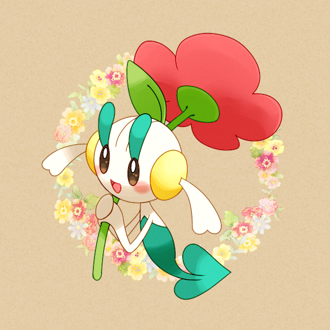 eruko, floette, floette (red flower), nintendo, pokemon, commentary request, blush, flower, gen 6 pokemon, holding, holding flower, open mouth, pokemon (creature), pokemon focus, red flower, smile, solo