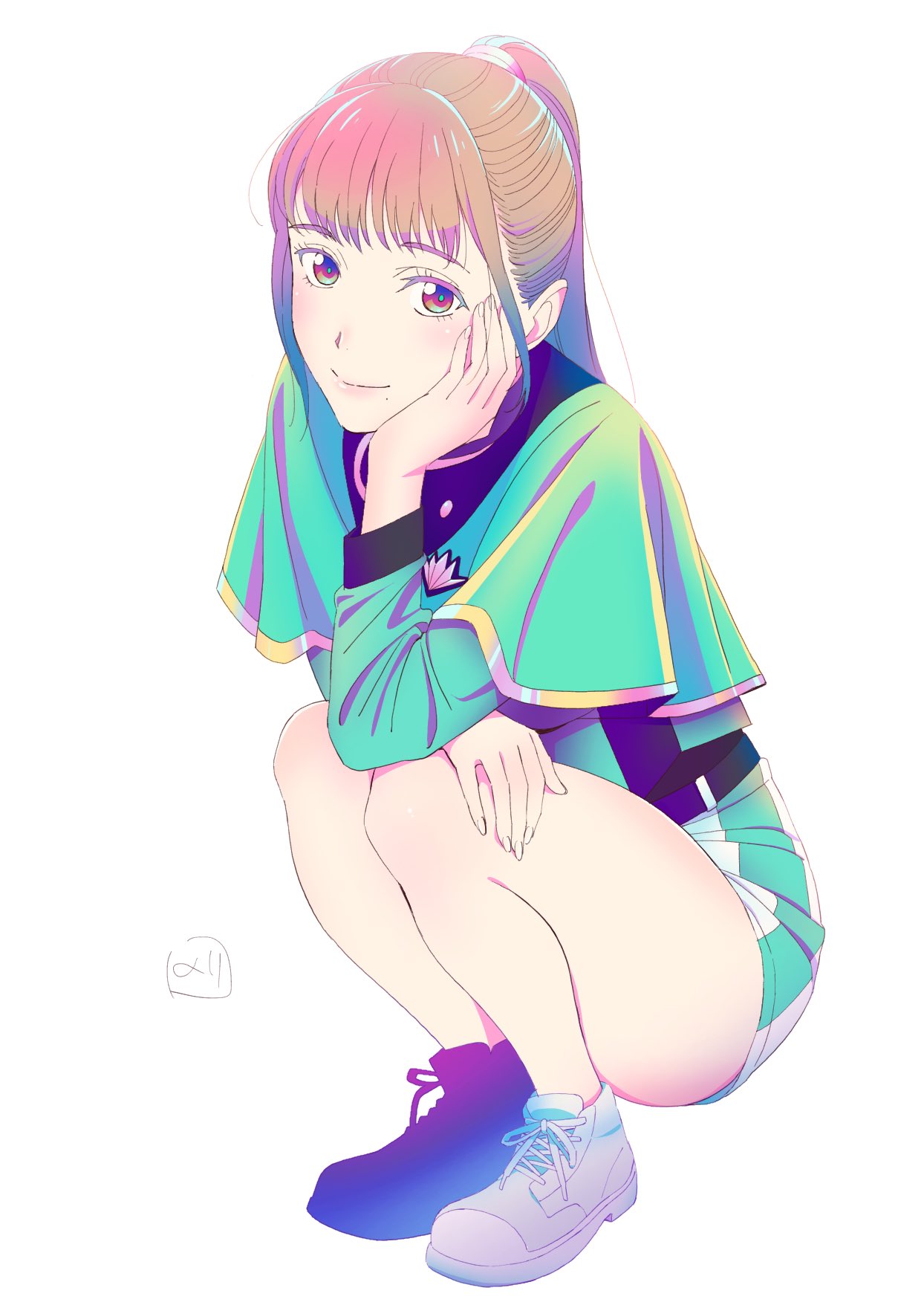 nori (norimakigumo), hayami sena, mashin sentai kiramager, super sentai, highres, 1girl, animification, brown eyes, brown hair, capelet, closed mouth, full body, green capelet, green jacket, jacket, long hair, looking at viewer, ponytail, shoes, shorts, simple background, smile, sneakers, solo, white background, white shorts