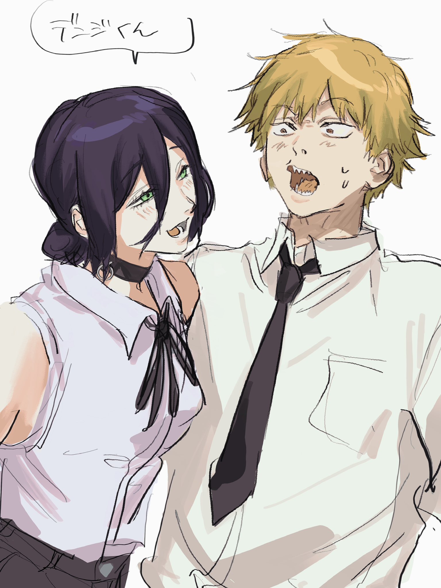 rfb 345orororo, reze (chainsaw man), chainsaw man, highres, translated, bare shoulders, black choker, black necktie, black ribbon, black shorts, blush, breasts, choker, collared shirt, green eyes, grenade pin, hair between eyes, hair bun, hetero, leaning forward, looking at another, medium breasts, medium hair, neck ribbon, necktie, open mouth, purple hair, ribbon, sharp teeth, shirt, shorts, sketch, sleeveless, sleeveless shirt, smile, sweatdrop, teeth, updo, white background, white shirt
