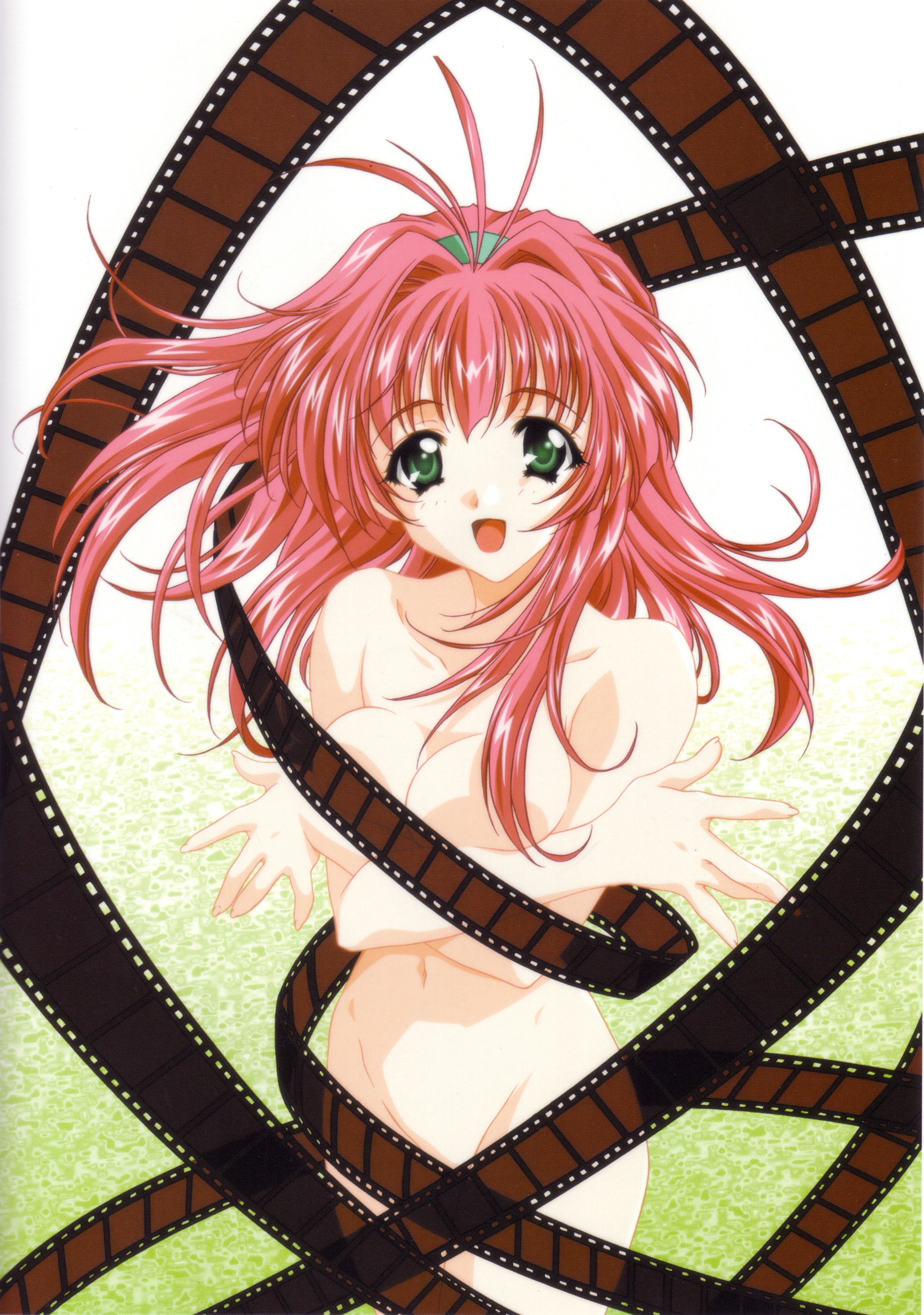 carnelian, mizuno makoto (green), green (game), breast hold, absurdres, highres, 1girl, breasts, censored, cleavage, convenient censoring, covering privates, crossed arms, female focus, film, film strip, groin, hairband, happy, long hair, nude, nude cover, pink hair, red hair, solo