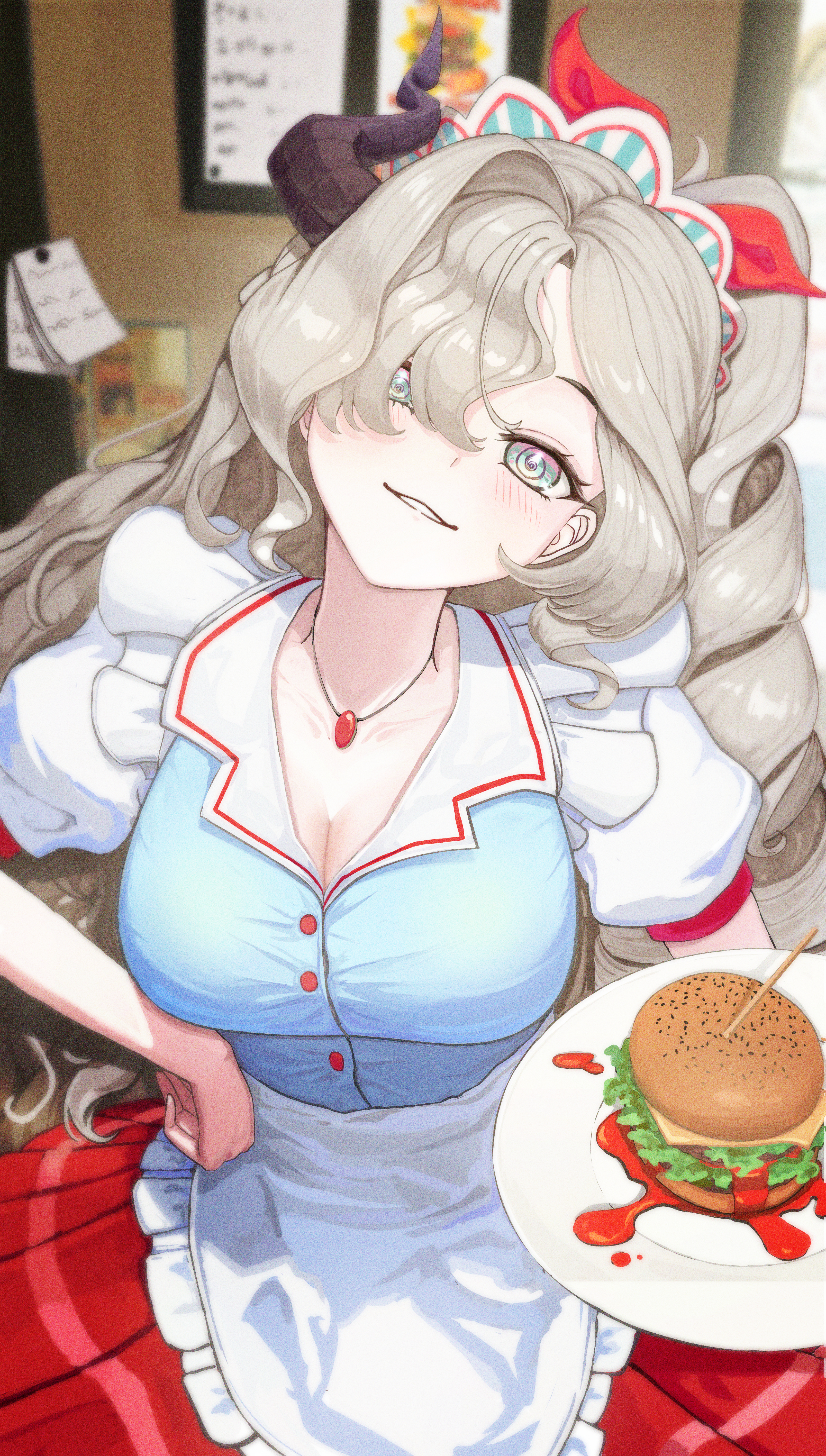 aqua (eos8012), trickcal, absurdres, highres, 1girl, @ @, apron, blue shirt, blurry, blurry background, blush, breasts, burger, cleavage, cowboy shot, drill hair, film grain, food, green eyes, grey hair, hair over one eye, hand on own hip, head tilt, holding, holding plate, horns, indoors, jewelry, large breasts, looking at viewer, makasha (trickcal), multicolored eyes, one side up, pendant, pink eyes, plate, puffy short sleeves, puffy sleeves, red skirt, shirt, short sleeves, single drill, single horn, skirt, solo, waist apron, waitress, yellow eyes