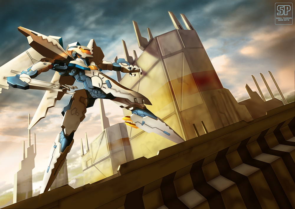 shiba tomori, vic viper, vic viper (z.o.e.), konami, zone of the enders, zone of the enders 2, 00s, armor, building, cloud, cloudy sky, dutch angle, from below, looking to the side, mecha, mechanical wings, no humans, robot, sky, solo, spread legs, wings