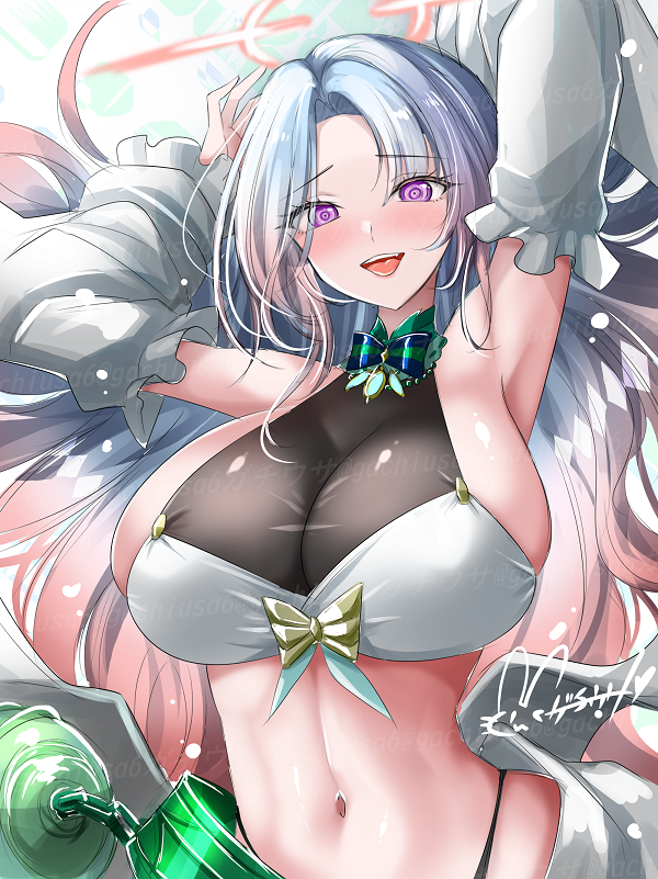 hisin, ganj-i-sawai (azur lane), azur lane, commentary request, 1girl, :d, armpits, arms up, bandeau, bare shoulders, blue hair, blush, bow, bowtie, breasts, cowboy shot, detached sleeves, hair between eyes, halo, large breasts, long hair, looking at viewer, multicolored hair, navel, open mouth, parted bangs, pink hair, purple eyes, see-through cleavage, see-through clothes, sidelocks, signature, skirt, smile, solo, teeth, upper teeth only, very long hair, watermark, white bandeau, white skirt, white sleeves
