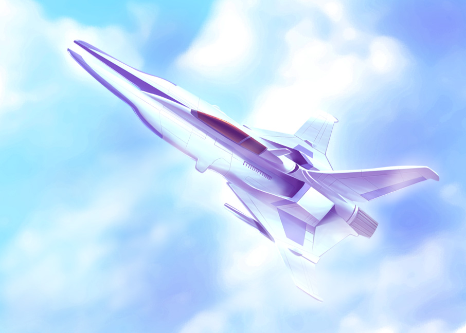 tomo (yuugure), tomoeri, vic viper, gradius, gradius v, konami, 1girl, cloud, day, female focus, ship, sky, solo, spacecraft, starfighter, watercraft