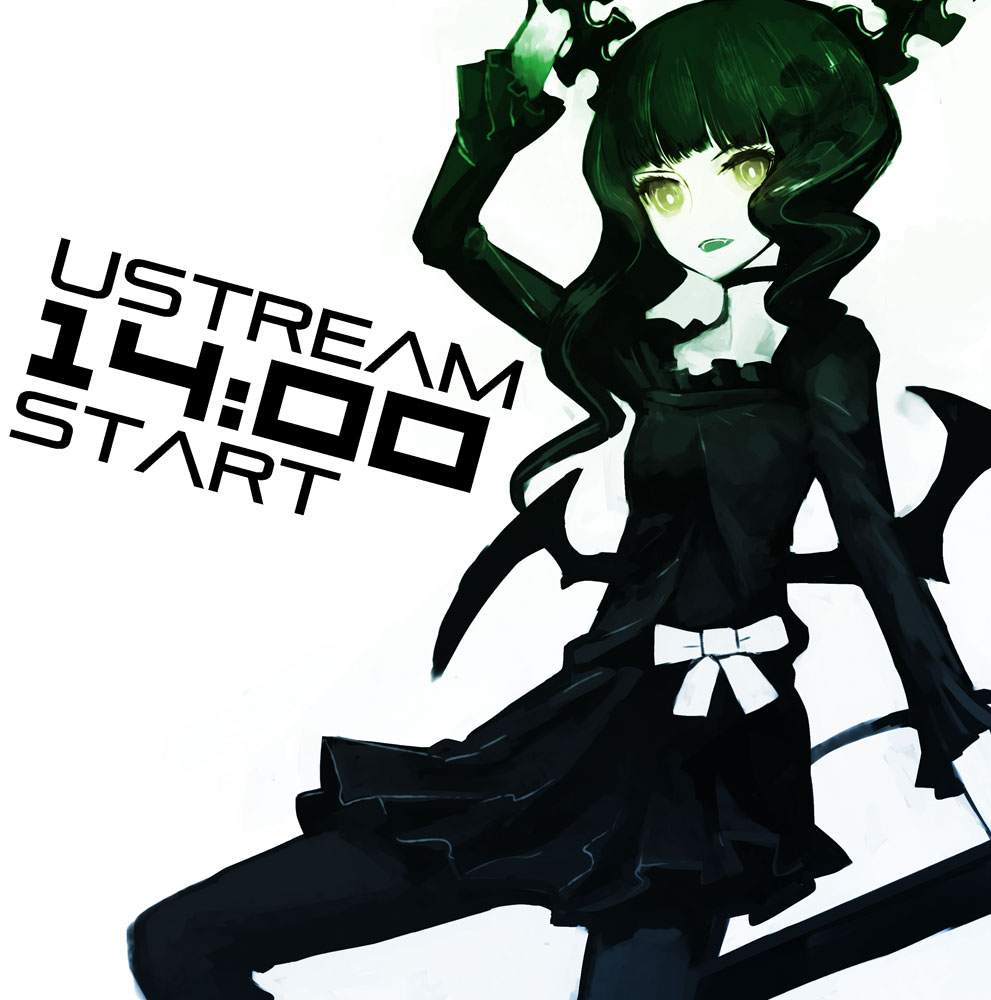 huke, dead master, black rock shooter, 10s, black dress, black hair, black leggings, blunt bangs, choker, curly hair, demon girl, dress, fangs, green eyes, hime cut, leggings, monochrome, pale skin, pantyhose, ribbon, solo