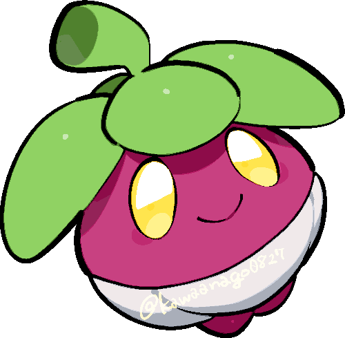 kawaanago, bounsweet, nintendo, pokemon, commentary request, lowres, chibi, chibi only, closed mouth, full body, gen 7 pokemon, no humans, pokemon (creature), pokemon focus, smile, solo, transparent background, twitter username, yellow eyes