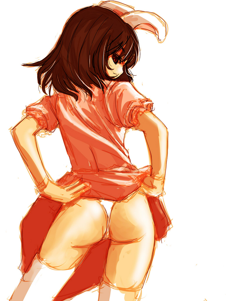 kuronuko neero, inaba tewi, touhou, 1girl, animal ears, ass, black hair, brown hair, clothes lift, dress, dress lift, female focus, from behind, looking back, panties, rabbit ears, short hair, sketch, solo, thighhighs, thong, underwear