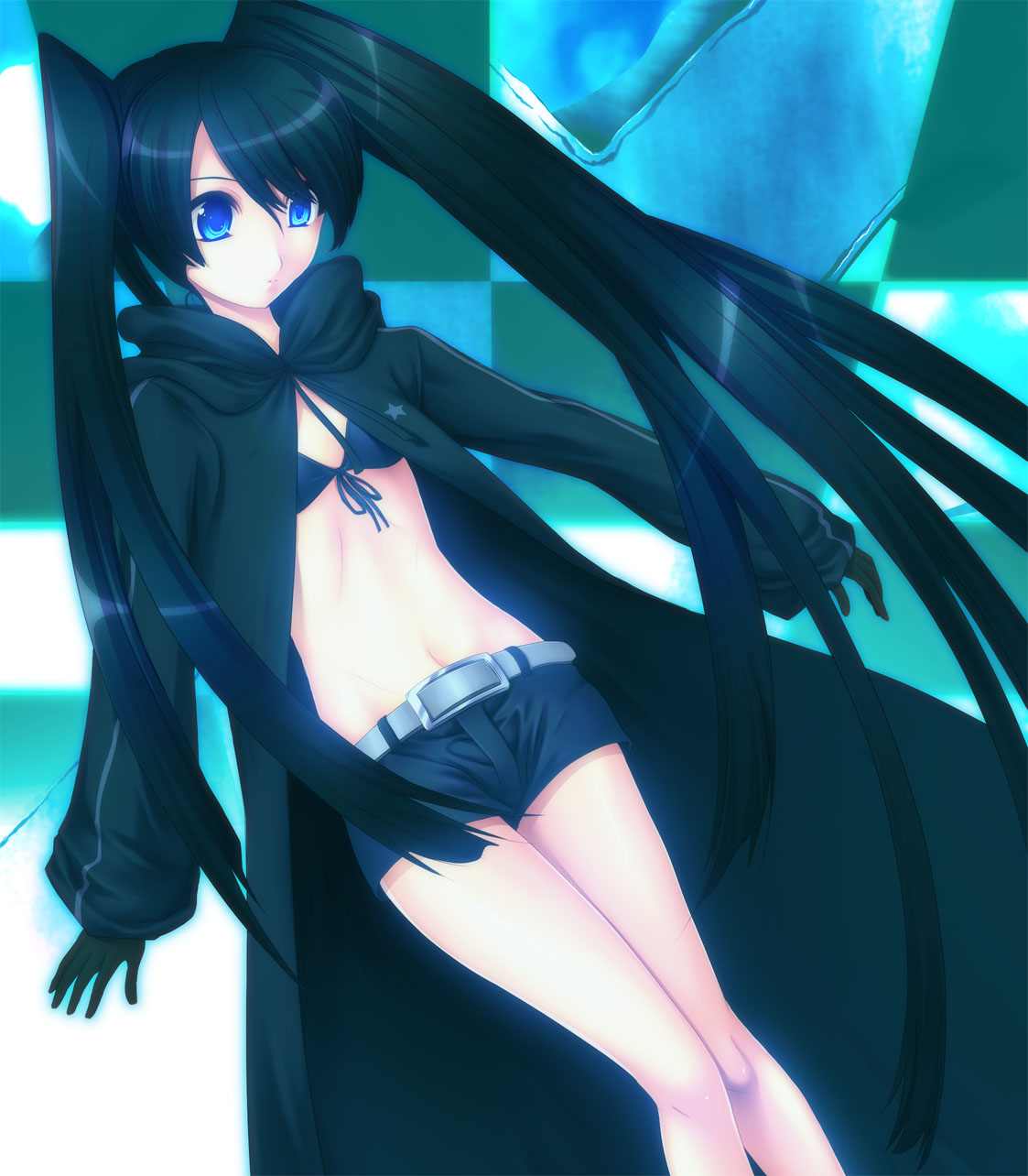 tomo (yuugure), tomoeri, black rock shooter (character), black rock shooter, highres, 10s, 1girl, belt, bikini, bikini top only, black hair, blue eyes, coat, female focus, flat chest, gloves, legs, long hair, short shorts, shorts, solo, swimsuit, twintails, very long hair