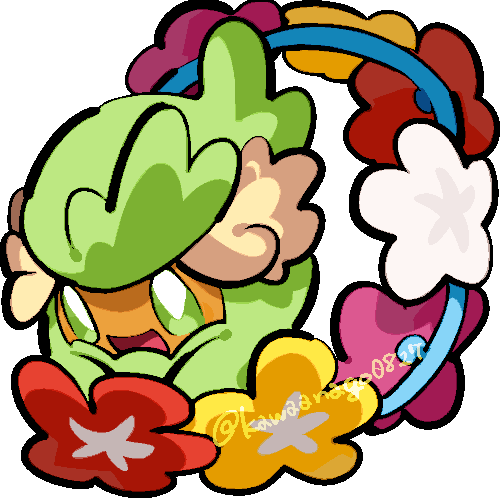 kawaanago, comfey, nintendo, pokemon, commentary request, lowres, chibi, chibi only, flower, full body, gen 7 pokemon, no humans, open mouth, pink flower, pokemon (creature), pokemon focus, red flower, smile, solo, transparent background, twitter username, white flower, yellow flower