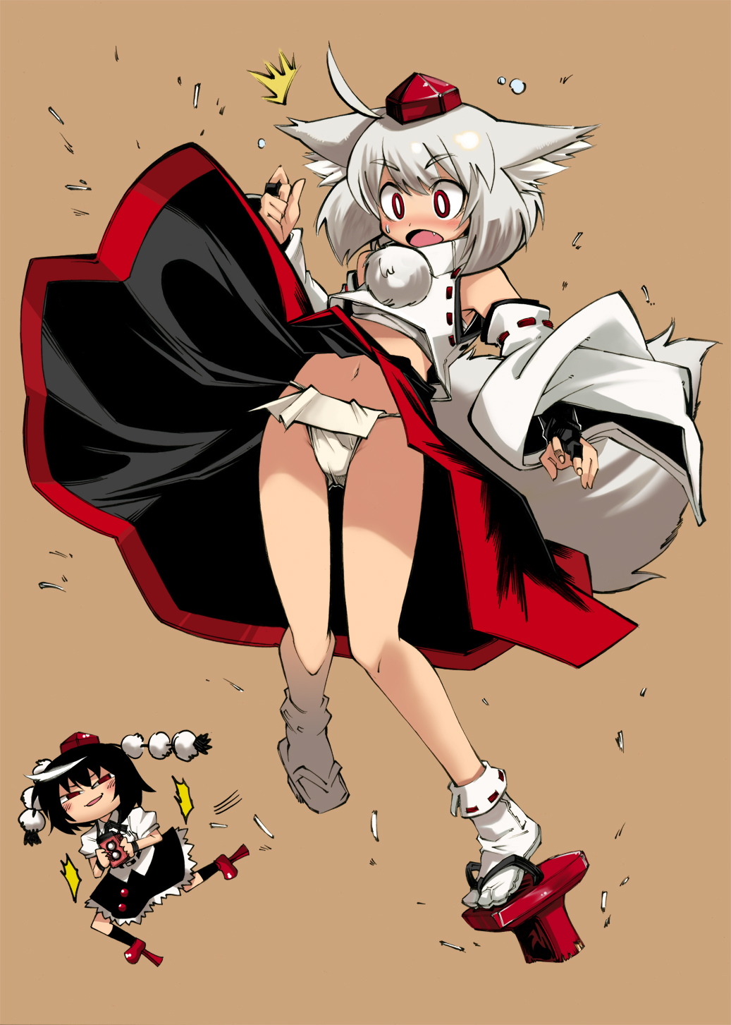 nada haruka, inubashiri momiji, kimeemaru, shameimaru aya, touhou, highres, 2girls, :o, ^^^, ahoge, animal ears, armpits, black hair, blush, bobby socks, camera, chibi, clothes lift, detached sleeves, embarrassed, fang, female focus, fingerless gloves, flat chest, fundoshi, geta, gloves, hat, high heels, japanese clothes, laughing, long skirt, multiple girls, navel, open mouth, panties, pantyshot, red eyes, shoes, short hair, simple background, skirt, skirt flip, skirt lift, smile, socks, standing, surprised, surprised arms, sweat, tail, tengu-geta, tokin hat, twin-lens reflex camera, underwear, white hair, wind, wind lift, wolf ears, wolf tail, yukkuri shiteitte ne