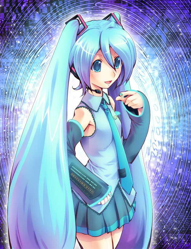 tomo (yuugure), tomoeri, hatsune miku, vocaloid, 1girl, aqua eyes, aqua hair, aqua nails, blue eyes, blue hair, detached sleeves, female focus, flat chest, gradient hair, hair ornament, headset, long hair, matching hair/eyes, miniskirt, multicolored hair, nail polish, necktie, pleated skirt, purple hair, sidelocks, skirt, sleeves past wrists, smile, solo, standing, twintails, two-tone hair, very long hair