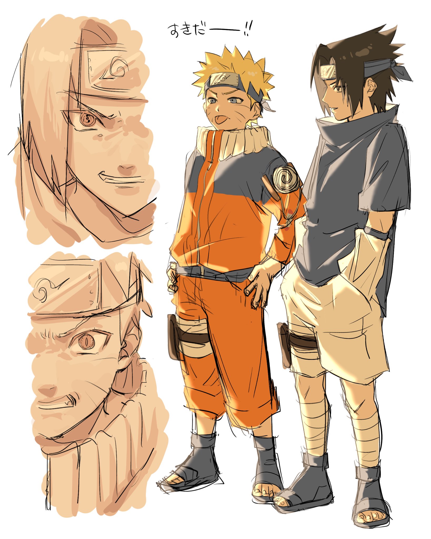 rfb 345orororo, uchiha sasuke, uzumaki naruto, naruto (series), highres, 2boys, bandaged leg, bandages, black hair, black shoes, blonde hair, blue headband, blue shirt, clenched teeth, detached sleeves, facial mark, full body, furrowed brow, grin, hands in pockets, hands on own hips, headband, holster, jacket, jumpsuit, light smile, male focus, multiple boys, open-toe shoes, orange jacket, orange jumpsuit, orange pants, pants, parted bangs, parted lips, sharingan, shirt, shoes, short sleeves, shorts, slit pupils, smile, spiked hair, teeth, thigh holster, tongue, tongue out, whisker markings, white background, white shorts, white sleeves