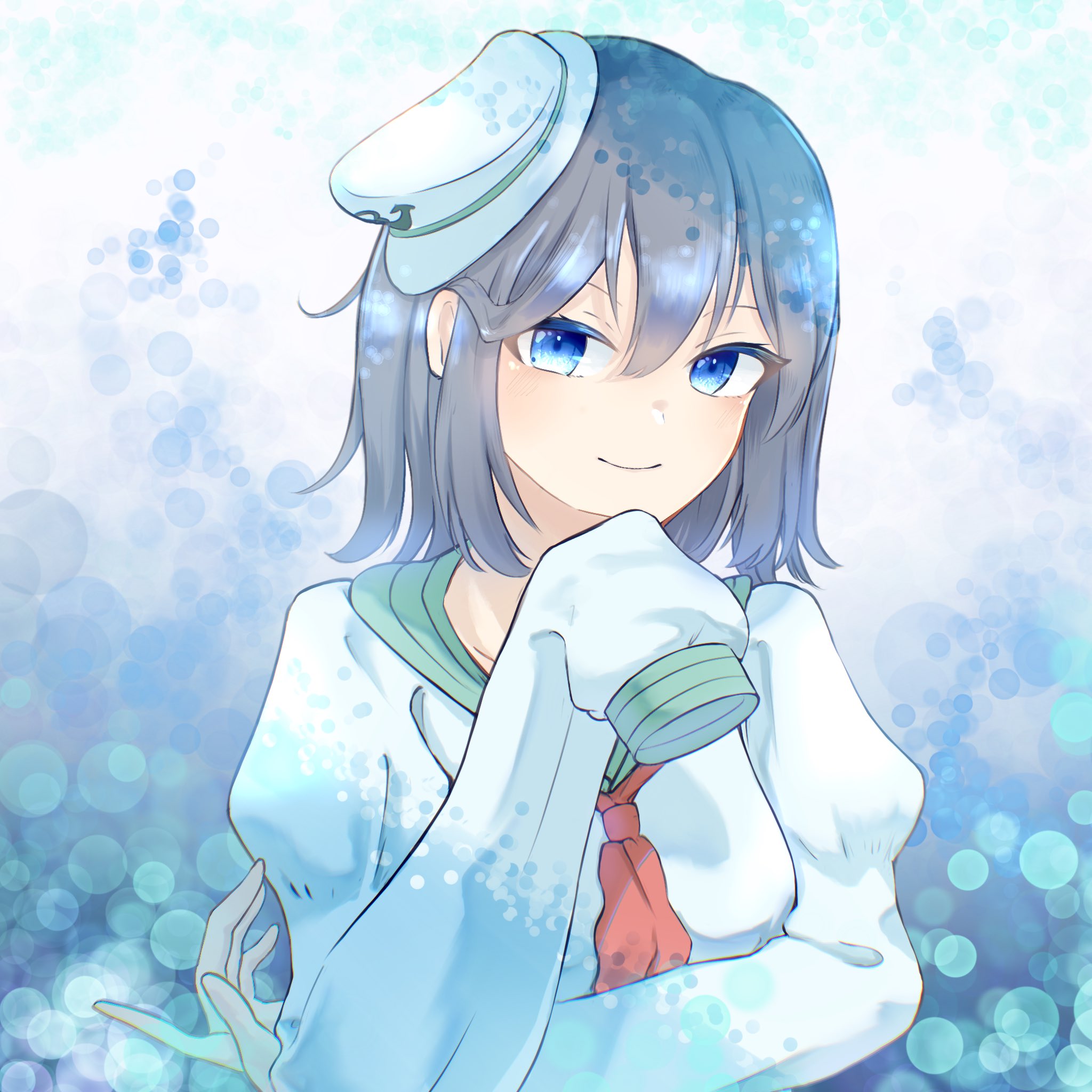 kulukulu3333, murasa minamitsu, touhou, highres, 1girl, abstract background, black hair, blue eyes, collared shirt, hat, long sleeves, looking at viewer, medium hair, mini hat, neckerchief, red neckerchief, sailor hat, shirt, sleeves past fingers, sleeves past wrists, smile, solo, upper body, white hat, white shirt