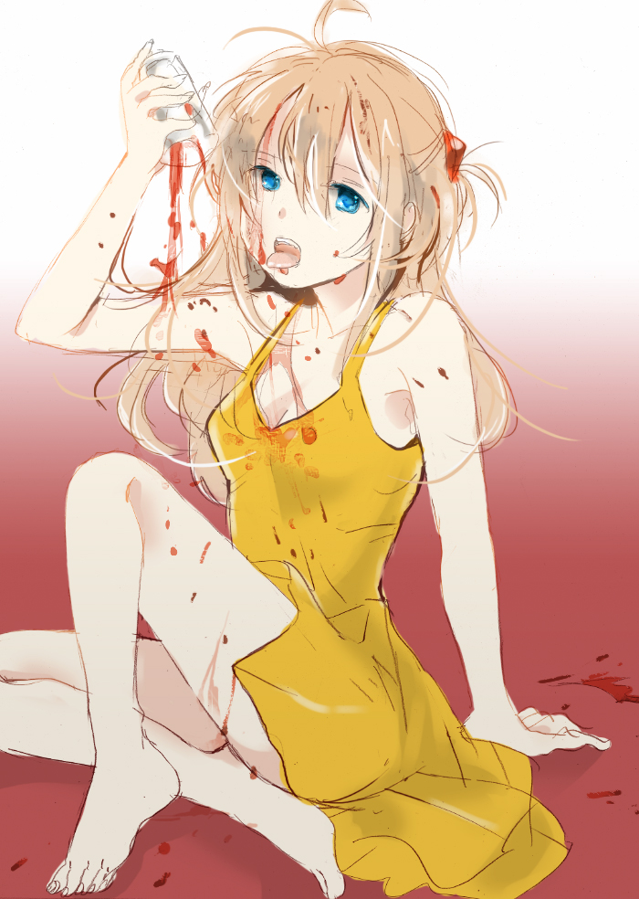 yoshioka mitsuko, souryuu asuka langley, neon genesis evangelion, 1girl, arm support, barefoot, blood, dress, feet, female focus, sketch, solo, yellow dress