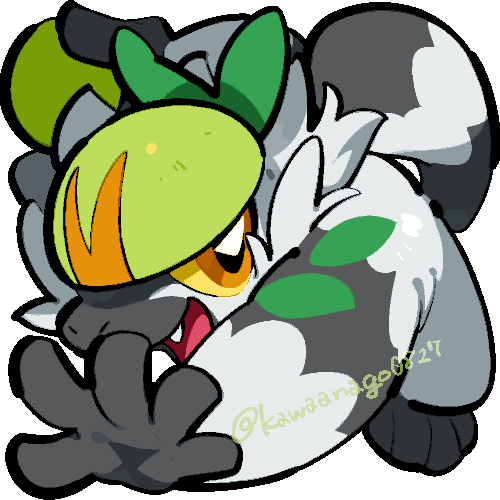 kawaanago, passimian, nintendo, pokemon, commentary request, lowres, animal focus, chibi, chibi only, colored sclera, fang, full body, gen 7 pokemon, holding, no humans, open mouth, orange eyes, pokemon (creature), pokemon focus, smile, solo, transparent background, twitter username, yellow sclera