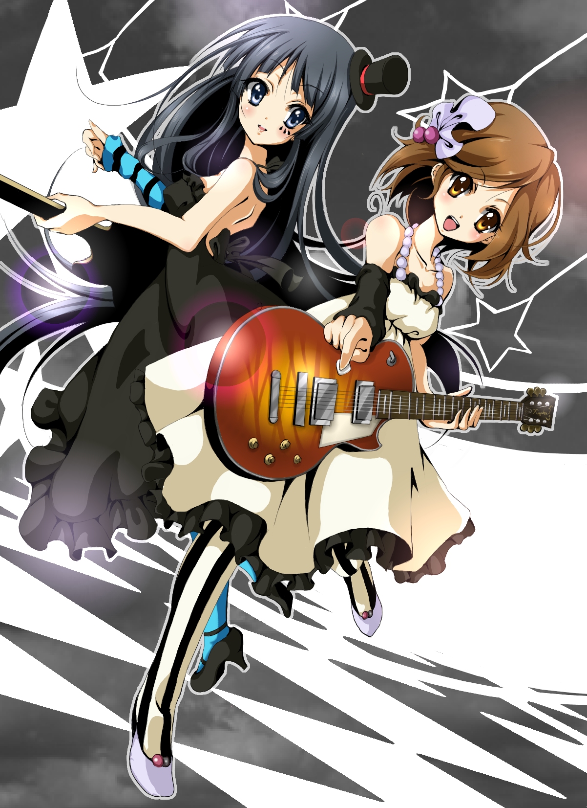 kujou ichiso, akiyama mio, hirasawa yui, don't say "lazy", k-on!, bad id, bad pixiv id, highres, 00s, 2girls, arm warmers, bass guitar, black dress, checkered floor, dress, electric guitar, facepaint, floor, gibson les paul, guitar, hat, instrument, mini hat, mini top hat, multiple girls, pantyhose, patterned legwear, shoes, striped clothes, striped pantyhose, top hat, vertical-striped clothes, vertical-striped pantyhose, white dress