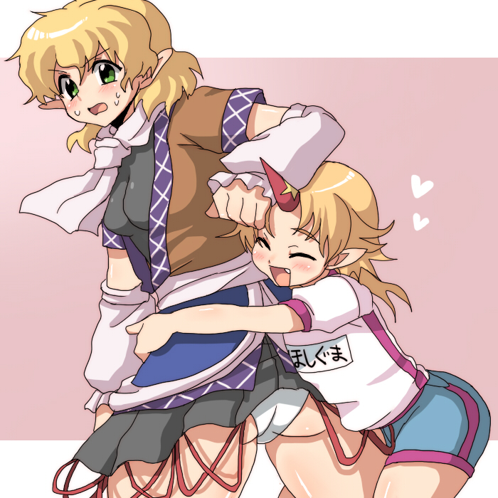 inaho, hoshiguma yuugi, mizuhashi parsee, touhou, bad id, bad pixiv id, 2girls, aged down, blonde hair, child, closed eyes, female focus, horns, hug, multiple girls, panties, pantyshot, single horn, smile, underwear