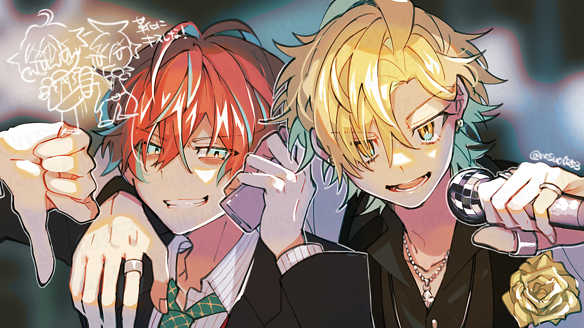 izanami hifumi, kannonzaka doppo, hypnosis mic, highres, 2boys, antenna hair, aqua streaks, arm around shoulder, black jacket, black shirt, blonde hair, cellphone, earrings, flip phone, flower, furrowed brow, green eyes, green necktie, grey jacket, grid print, grin, holding, holding microphone, holding phone, jacket, jewelry, looking at viewer, male focus, microphone, multicolored eyes, multiple boys, multiple rings, necktie, nosuo0253, orange eyes, pendant, phone, portrait, red hair, ring, rose, shirt, smile, smirk, striped clothes, striped shirt, thumbs down, twitter username, white shirt, yellow eyes, yellow flower, yellow rose