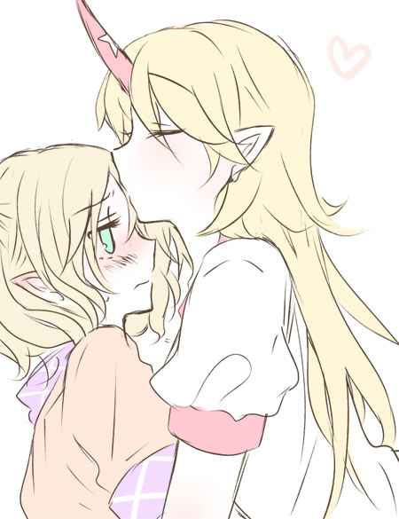 yatosaki haru, hoshiguma yuugi, mizuhashi parsee, touhou, bad id, bad pixiv id, 2girls, blonde hair, blush, female focus, horns, kiss, multiple girls, single horn, yuri
