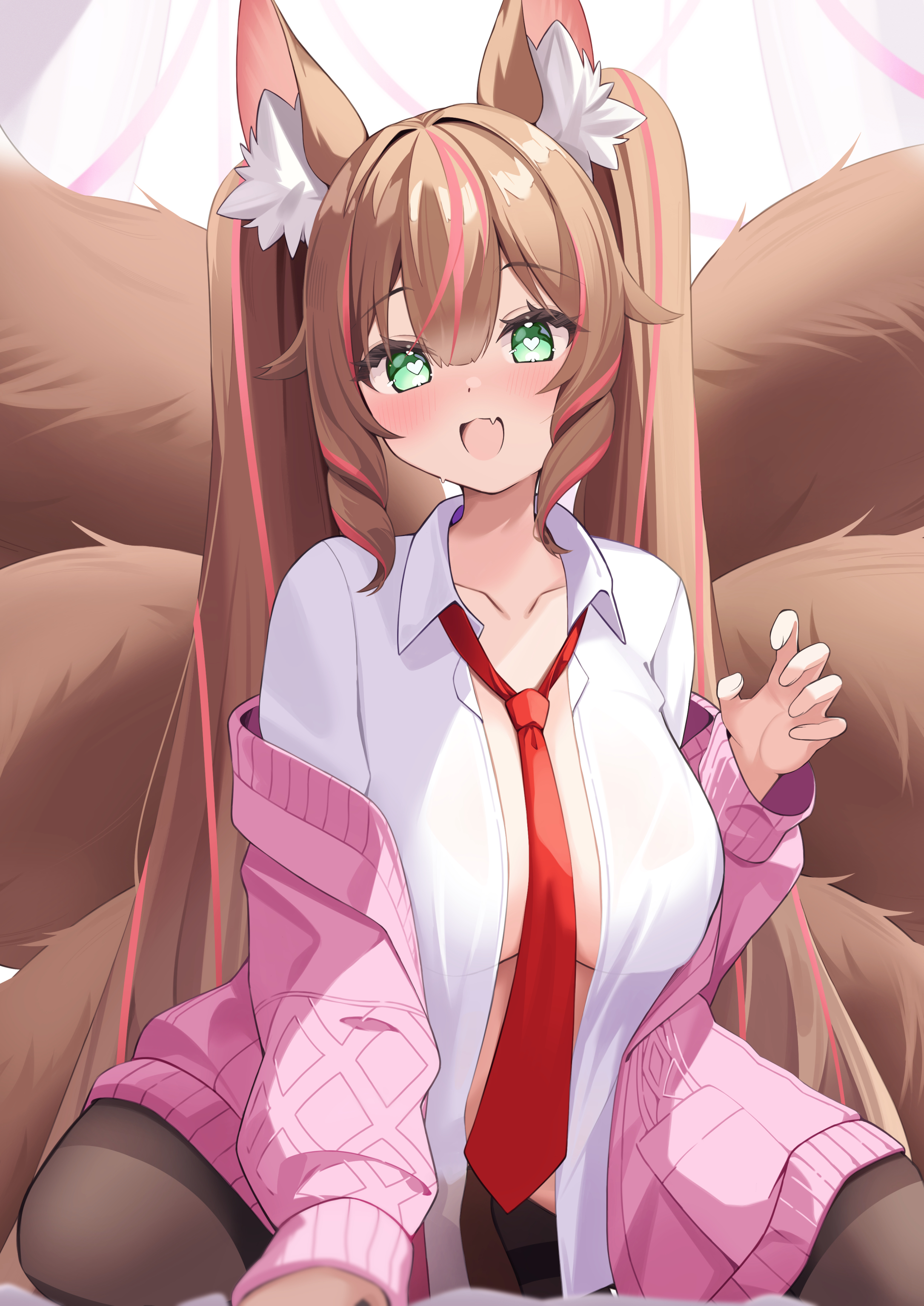 elegant (sumisumi4268), plushmallow, absurdres, highres, 1girl, animal ears, blush, bottomless, breasts, brown fur, brown hair, fang, hanging breasts, heart, heart-shaped pupils, huge breasts, kitsune, kneeling, large breasts, long hair, multicolored hair, multiple tails, necktie, open mouth, pantyhose, pink hair, smile, sweater, symbol-shaped pupils, tail, twintails, two-tone hair