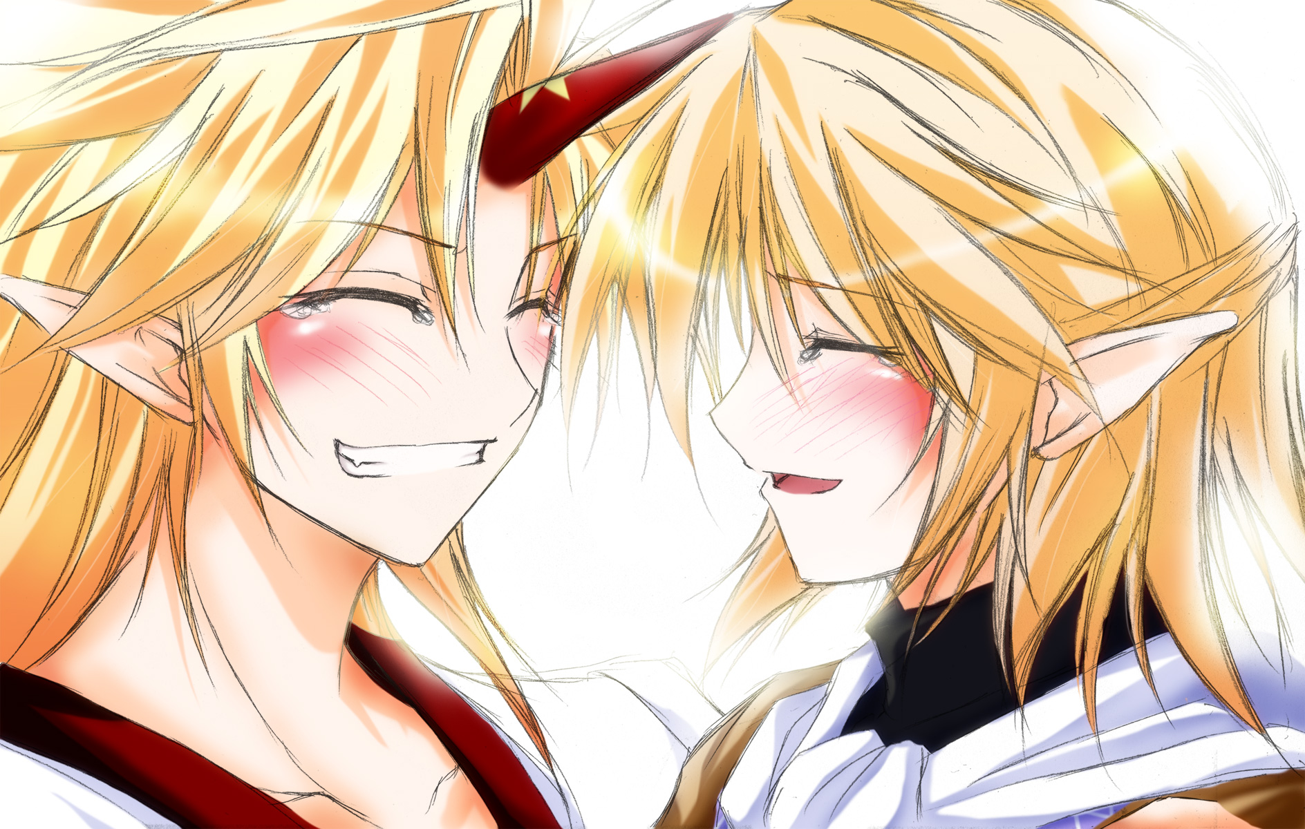 hazuki kasane, hoshiguma yuugi, mizuhashi parsee, touhou, highres, 2girls, blonde hair, blush, female focus, horns, multiple girls, pointy ears, single horn, smile, tears