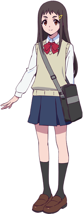 shinomiya hitomi, digimon, digimon beatbreak, toei company, official art, 1girl, bag, brown eyes, brown hair, full body, hair ornament, hairclip, long hair, looking at viewer, school bag, school uniform, smile, solo, standing, transparent background