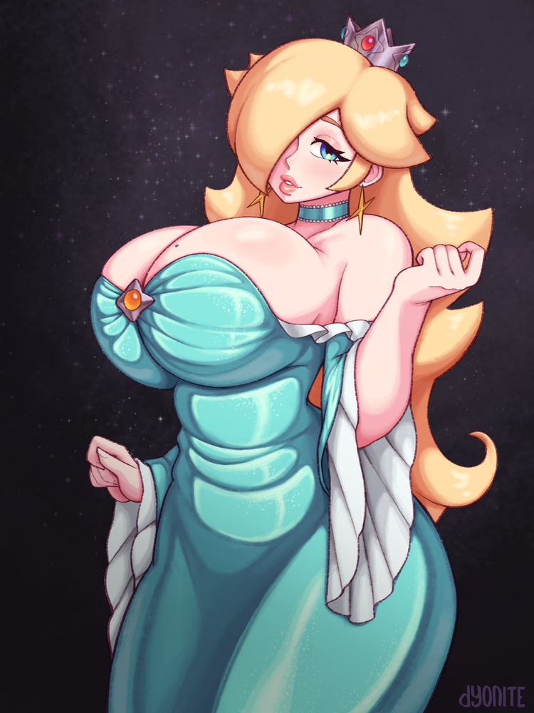 dyonite, rosalina, mario (series), nintendo, aqua dress, blonde hair, blue eyes, breasts, choker, crown, dress, earrings, hair over one eye, half-closed eyes, huge breasts, jewelry, long hair, sky, space, star (sky), star (symbol), star earrings, starry sky