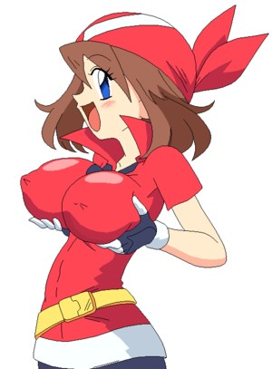 may (pokemon), nintendo, pokemon, breast hold, lowres, 1girl, :d, bandana, belt, belt skirt, blue eyes, blush, breast lift, breasts, brown hair, covered erect nipples, cowboy shot, female focus, from side, gloves, high collar, impossible clothes, impossible shirt, large breasts, long hair, open mouth, profile, shirt, short hair, short sleeves, simple background, smile, solo, white background