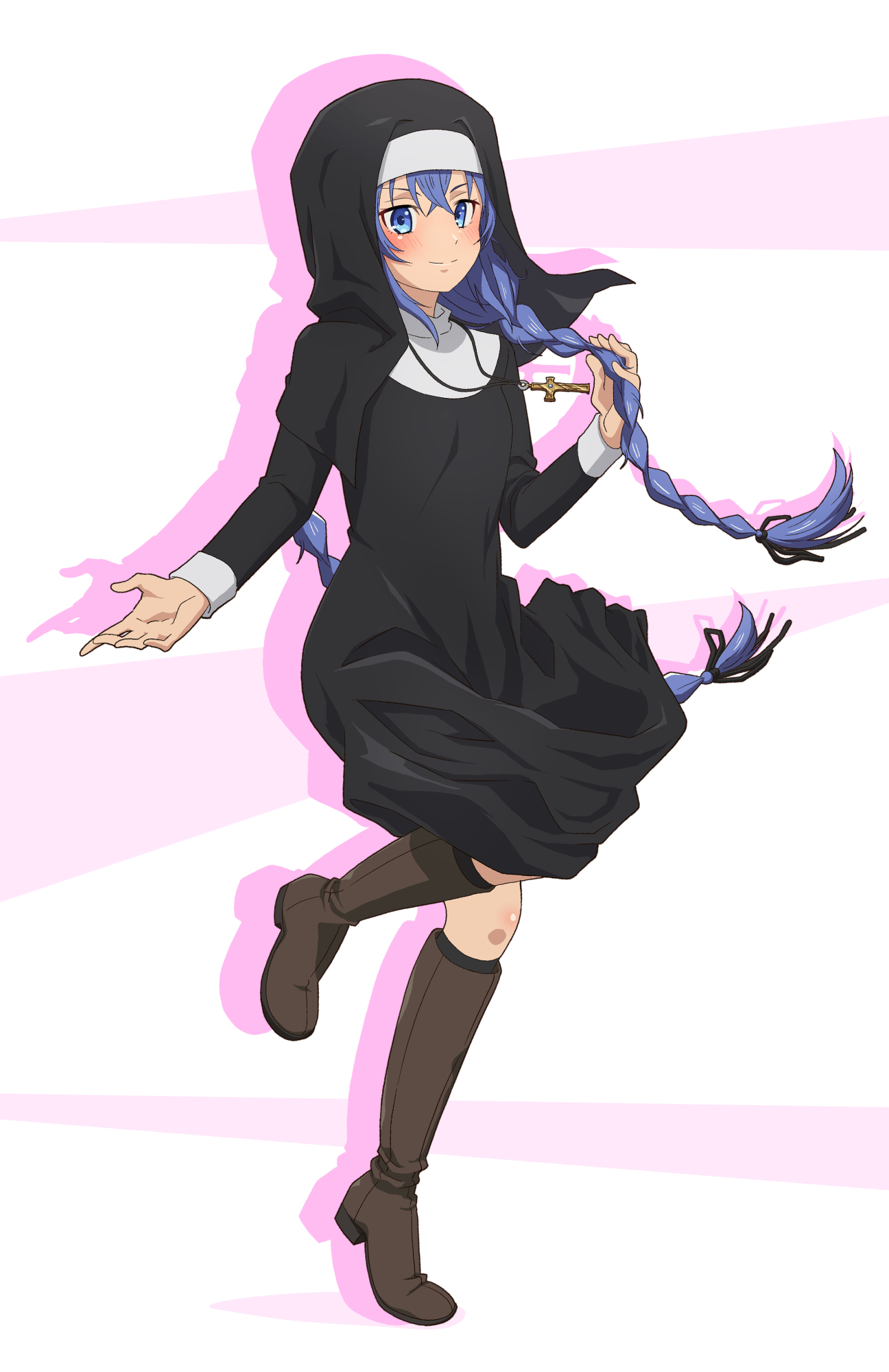 honba misaki, roxy migurdia, mushoku tensei, highres, 1girl, black bow, blue eyes, blue hair, boots, bow, braid, cross, crucifix, looking at viewer, nun, simple background, solo, standing, standing on one leg, traditional nun, twin braids, veil, white background