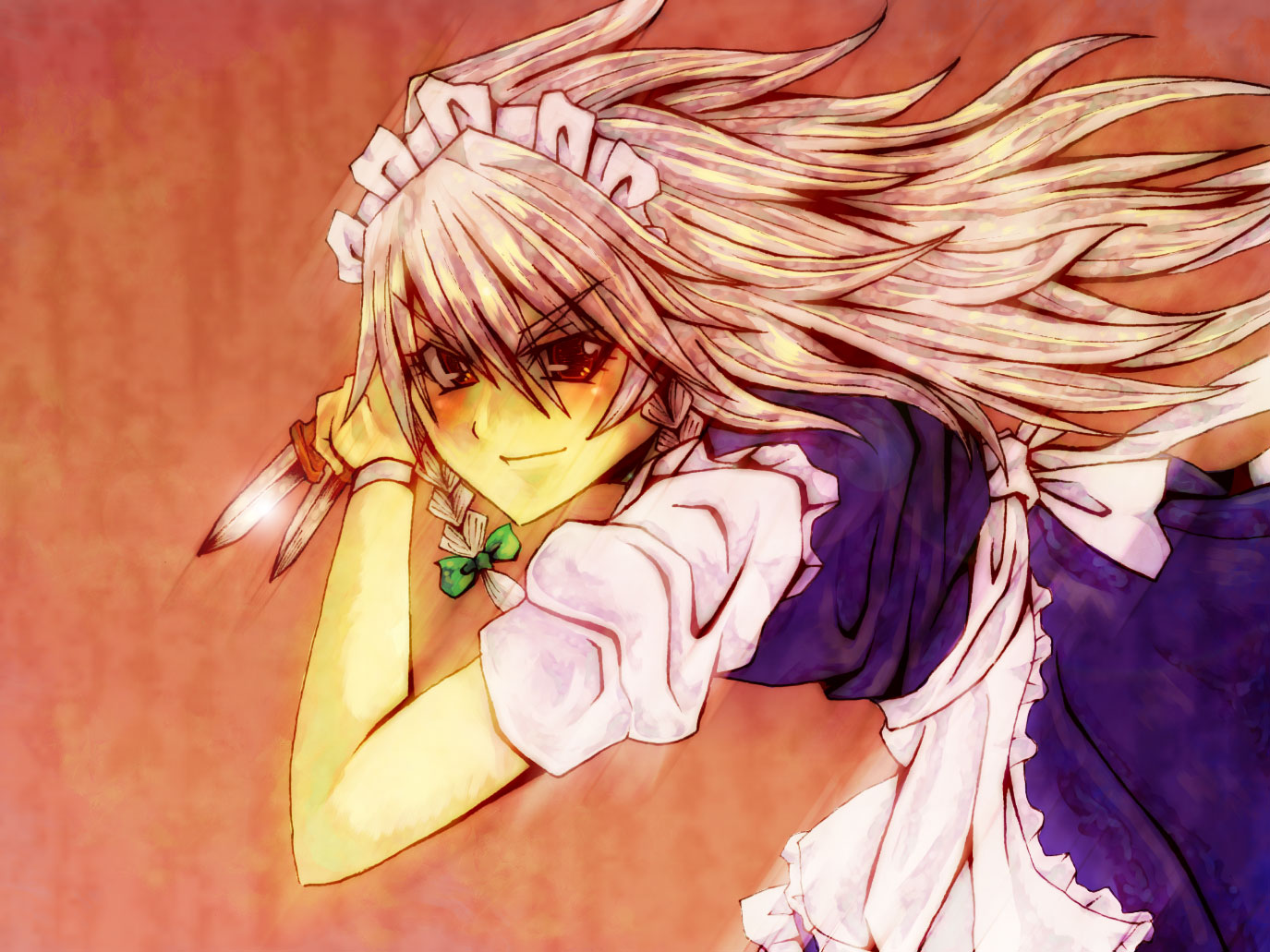culotte (hosenrock), izayoi sakuya, touhou, silver hair, bad id, bad pixiv id, 1girl, apron, braid, female focus, knife, long hair, maid headdress, solo, twin braids