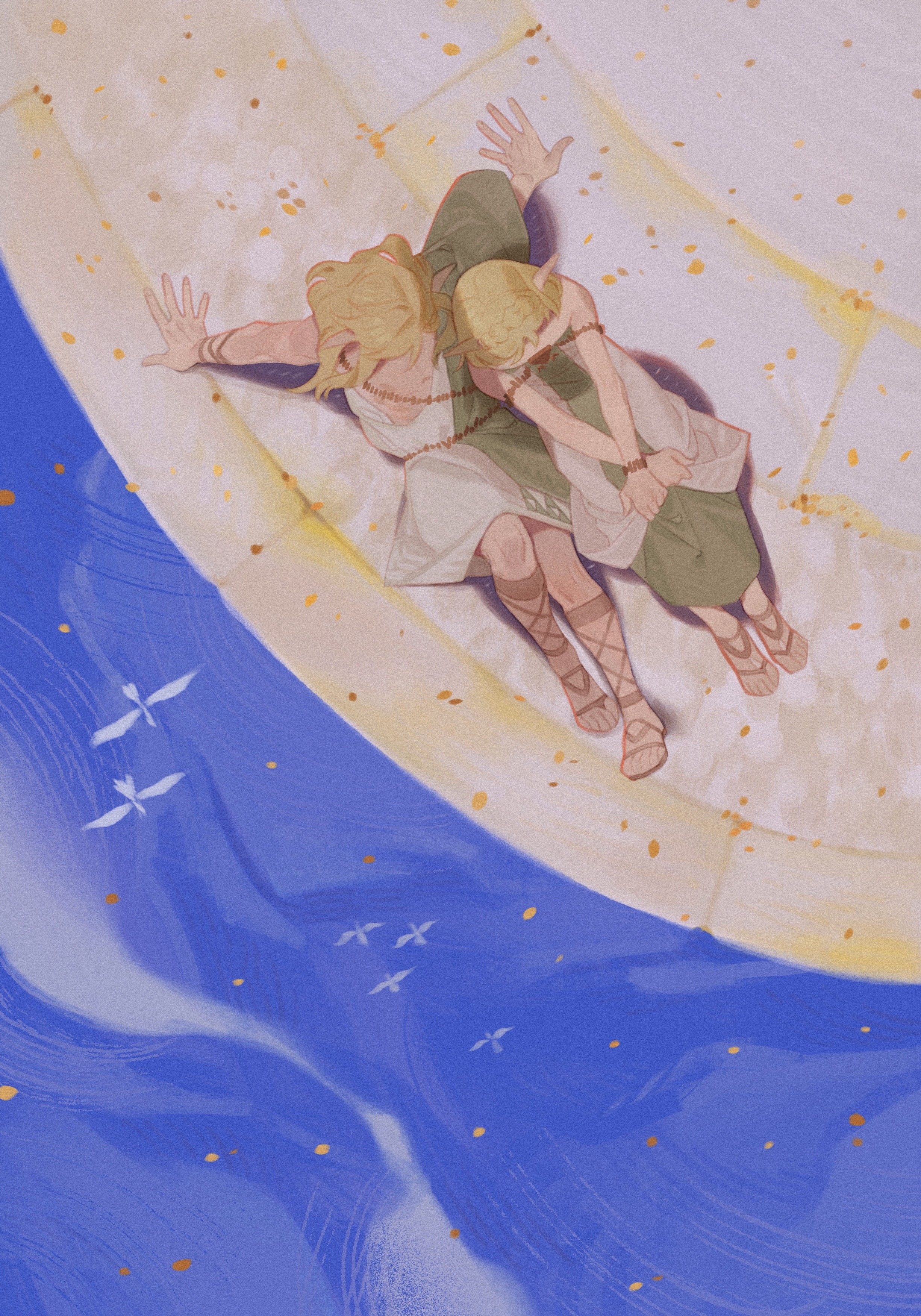 hollyfig, link, princess zelda, nintendo, the legend of zelda, the legend of zelda: tears of the kingdom, absurdres, highres, 1boy, 1girl, armlet, bare shoulders, blonde hair, bracelet, braid, brown sandals, couple, crown braid, dress, from above, full body, gladiator sandals, hetero, jewelry, long dress, long hair, pointy ears, sandals, short hair, sitting, tunic, white tunic