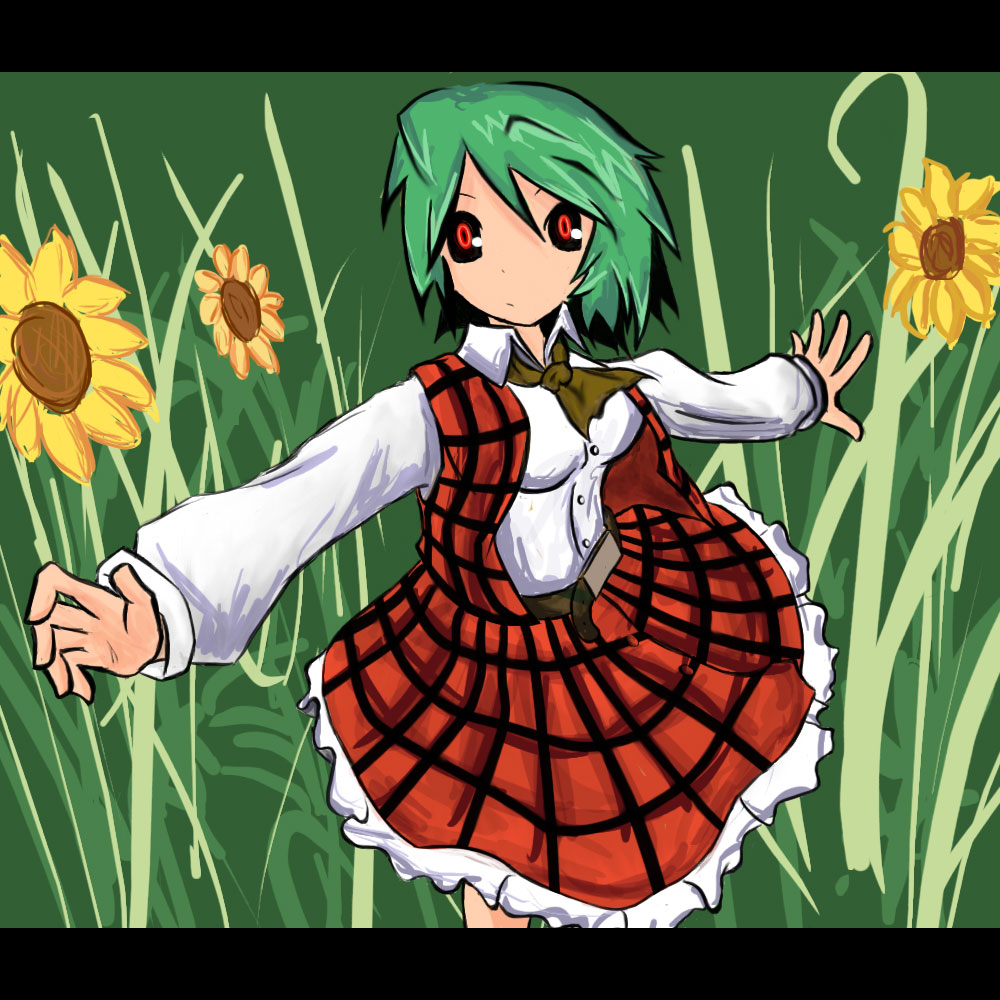 dmt (auburn), kazami yuuka, touhou, bad id, bad pixiv id, 1girl, female focus, flower, green hair, letterboxed, outdoors, plant, red eyes, short hair, solo, standing, sunflower