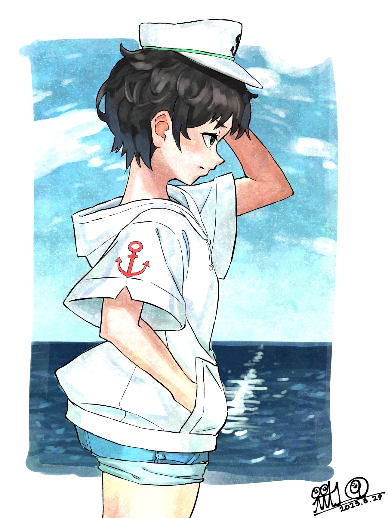 mt109, murasa minamitsu, touhou, highres, 1girl, 2025, alternate costume, anchor symbol, arm up, black hair, blue shorts, blue sky, border, cowboy shot, dated, from side, hand in pocket, hat, hood, hood down, hoodie, ocean, sailor hat, short hair, shorts, signature, sky, solo, water, white border, white hat, white hoodie