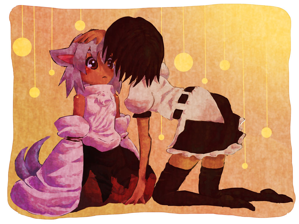 culotte (hosenrock), inubashiri momiji, shameimaru aya, touhou, bad id, bad pixiv id, 2girls, animal ears, detached sleeves, female focus, kneeling, multiple girls, tail, thighhighs