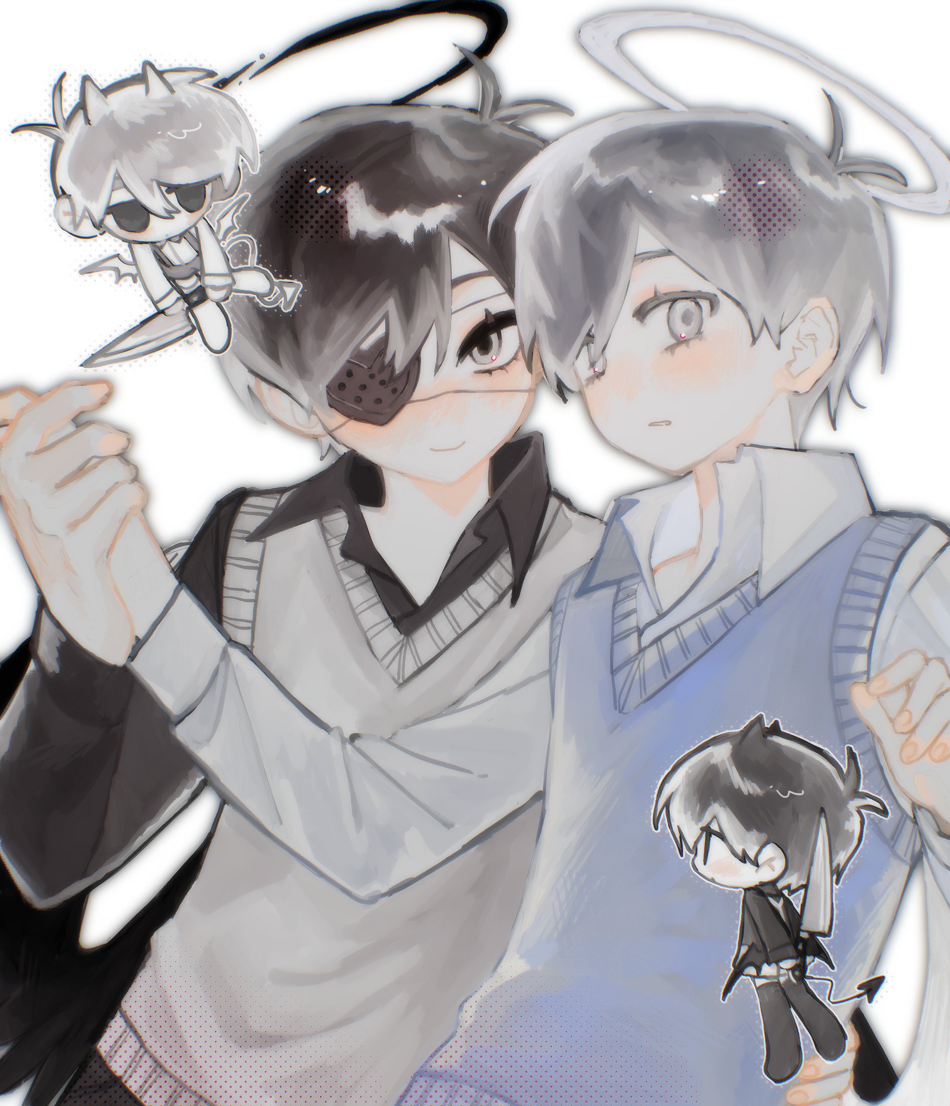 rou (h s sinrin), omori (omori), sunny (omori), omori, commentary, highres, symbol-only commentary, 4boys, alternate sleeve length, angel wings, antenna hair, black hair, black halo, black shirt, black tail, black wings, blue sweater vest, chromatic aberration, closed mouth, collared shirt, demon tail, double-parted bangs, eyepatch, feathered wings, grey hair, hair behind ear, hair between eyes, halftone, halo, heart, heart eyepatch, holding, holding hands, holding knife, knife, looking at viewer, male focus, multiple boys, multiple persona, official alternate eye color, one eye closed, pale skin, parted lips, shirt, short hair, simple background, smile, sweater vest, swept bangs, tail, upper body, very short hair, white background, white eyes, white halo, white shirt, white sweater vest, white wings, wings