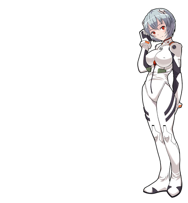 neyuki rei, ayanami rei, neon genesis evangelion, 1girl, blue hair, breasts, covered erect nipples, female focus, large breasts, light smile, mecha pilot suit, orange eyes, plugsuit (evangelion), short hair, solo