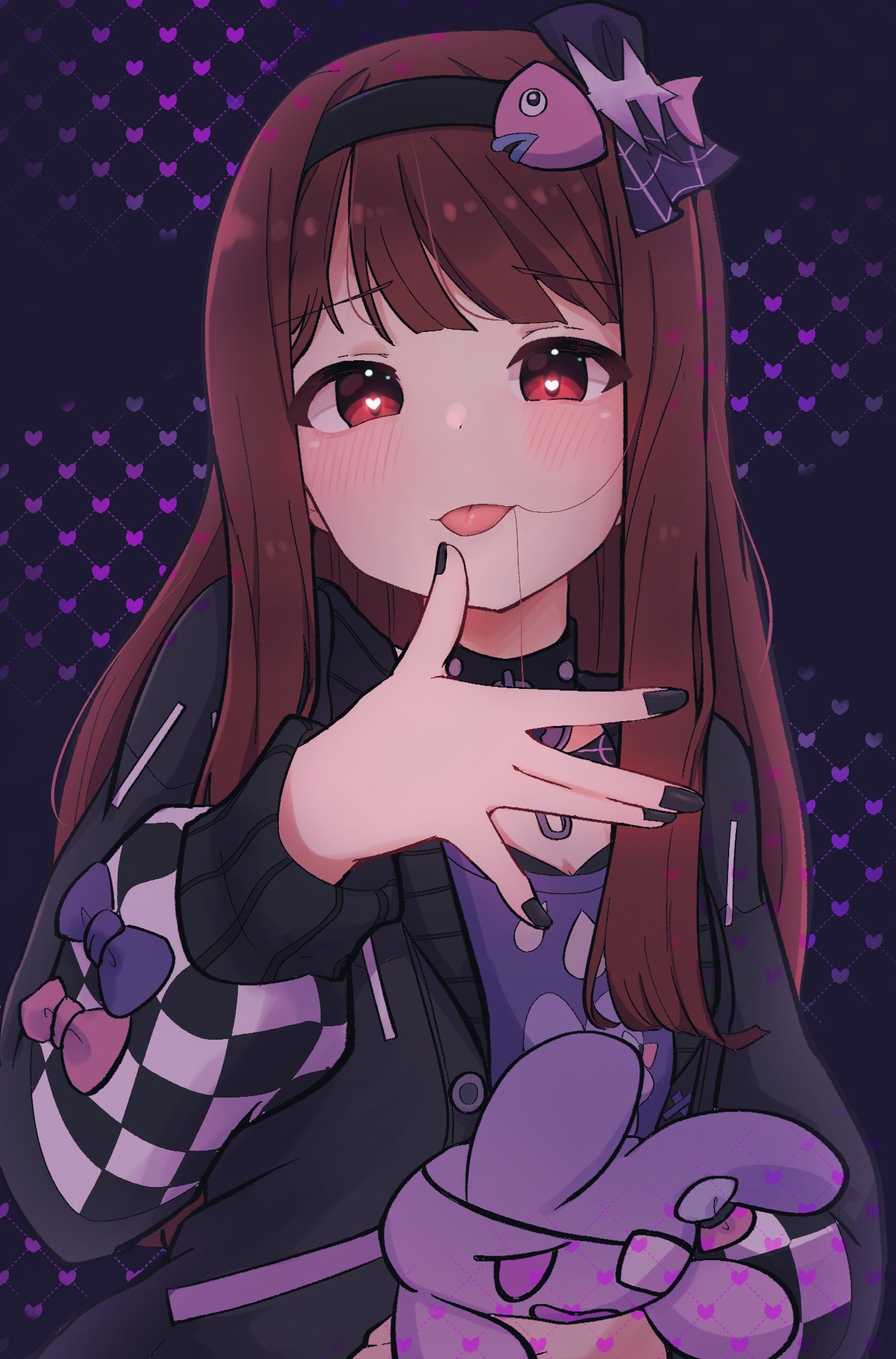 cait sith47, tanaka kotoha, tanaka kotoha (only see you), idolmaster, idolmaster million live!, idolmaster million live! theater days, hashtag-only commentary, highres, 1girl, black cardigan, black choker, black hairband, black nails, blush, brown hair, cardigan, checkered sleeves, choker, fingernails, fish skeleton hair ornament, hair in own mouth, hairband, hand up, heart, heart-shaped pupils, holding, holding stuffed toy, long hair, long sleeves, looking at viewer, loose hair strand, nail polish, official alternate costume, open cardigan, open clothes, red eyes, solo, stuffed animal, stuffed rabbit, stuffed toy, symbol-shaped pupils, tongue, tongue out, upper body, yandere