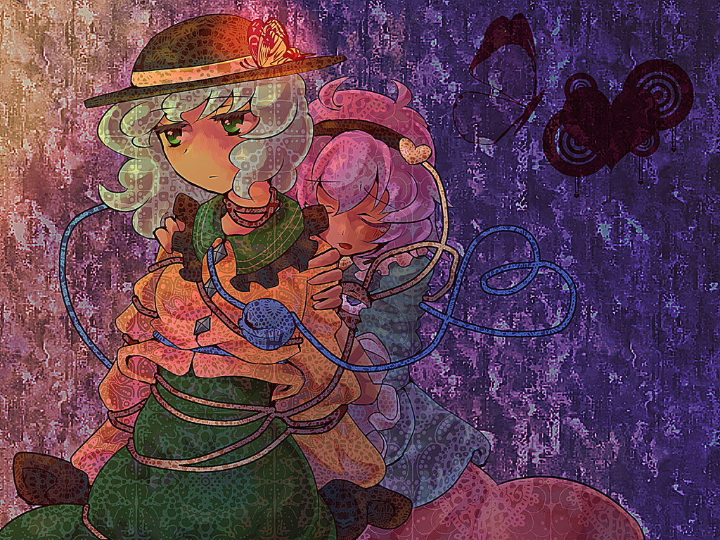 culotte (hosenrock), komeiji koishi, komeiji satori, touhou, bad id, bad pixiv id, 2girls, blue hair, closed eyes, female focus, green eyes, multiple girls, purple hair, siblings, sisters