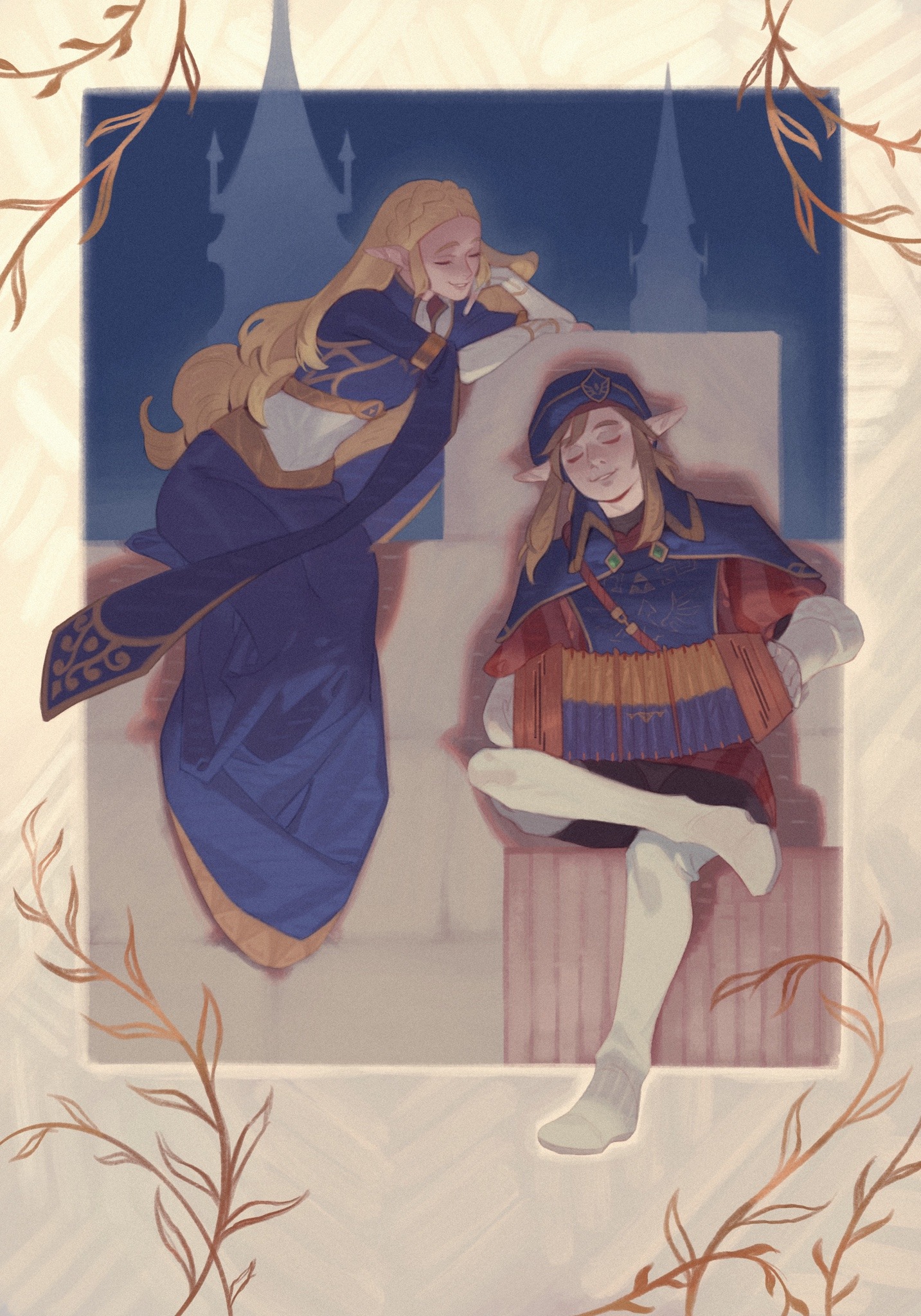 hollyfig, link, princess zelda, nintendo, the legend of zelda, the legend of zelda: breath of the wild, highres, 1boy, 1girl, accordion, beret, blonde hair, blue dress, blue hat, boots, braid, breasts, crossed legs, crown braid, dress, full body, gloves, gold trim, hat, head on hand, instrument, long dress, long hair, medium breasts, military uniform, parted bangs, parted lips, pointy ears, royal guard set (zelda), sidelocks, sitting, smile, white boots, white gloves